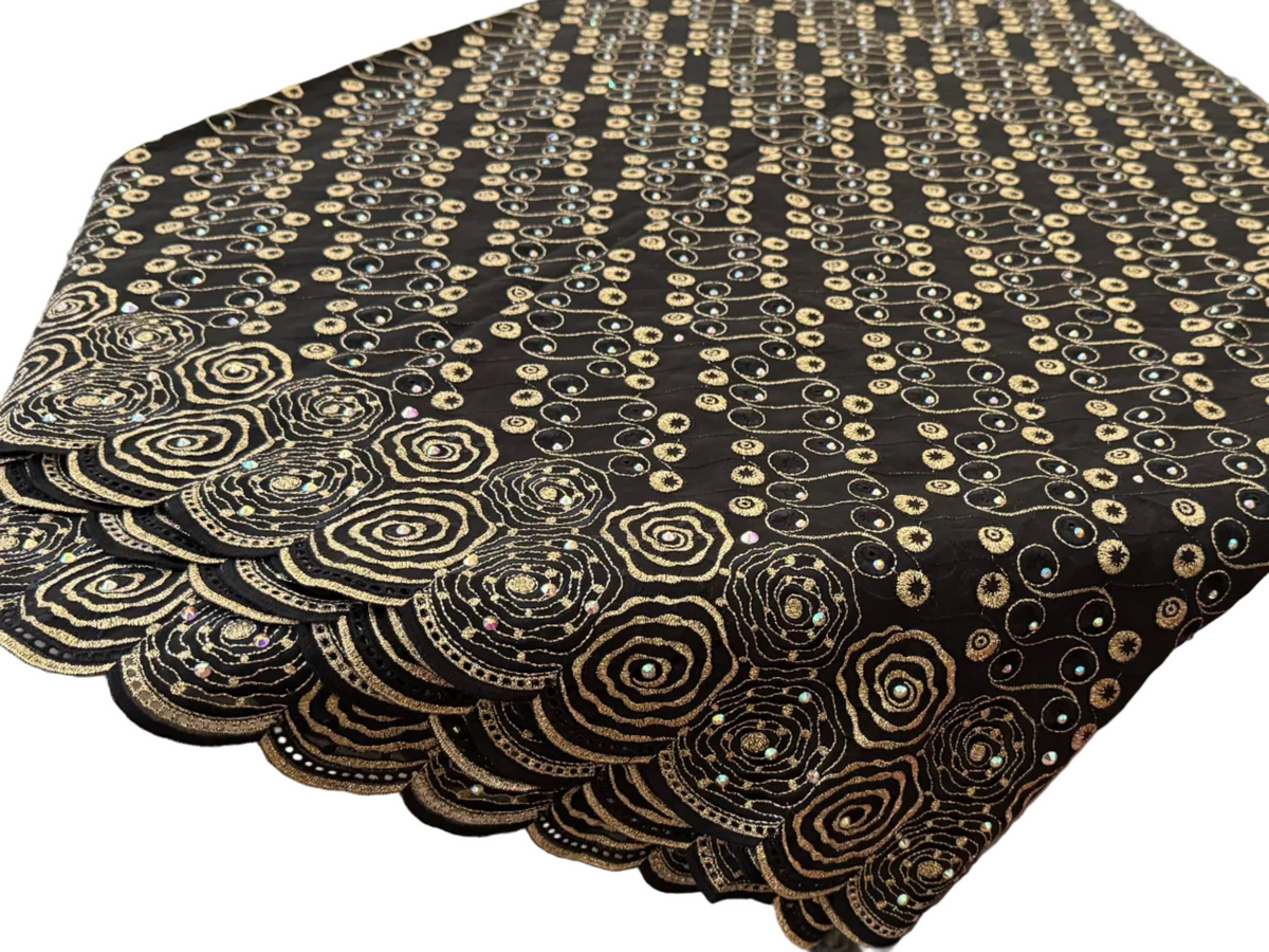 Luxury Swiss Lace Fabric – Noir & Antique Gold Spiral Embroidered Lace with Scalloped Border (5 yards)