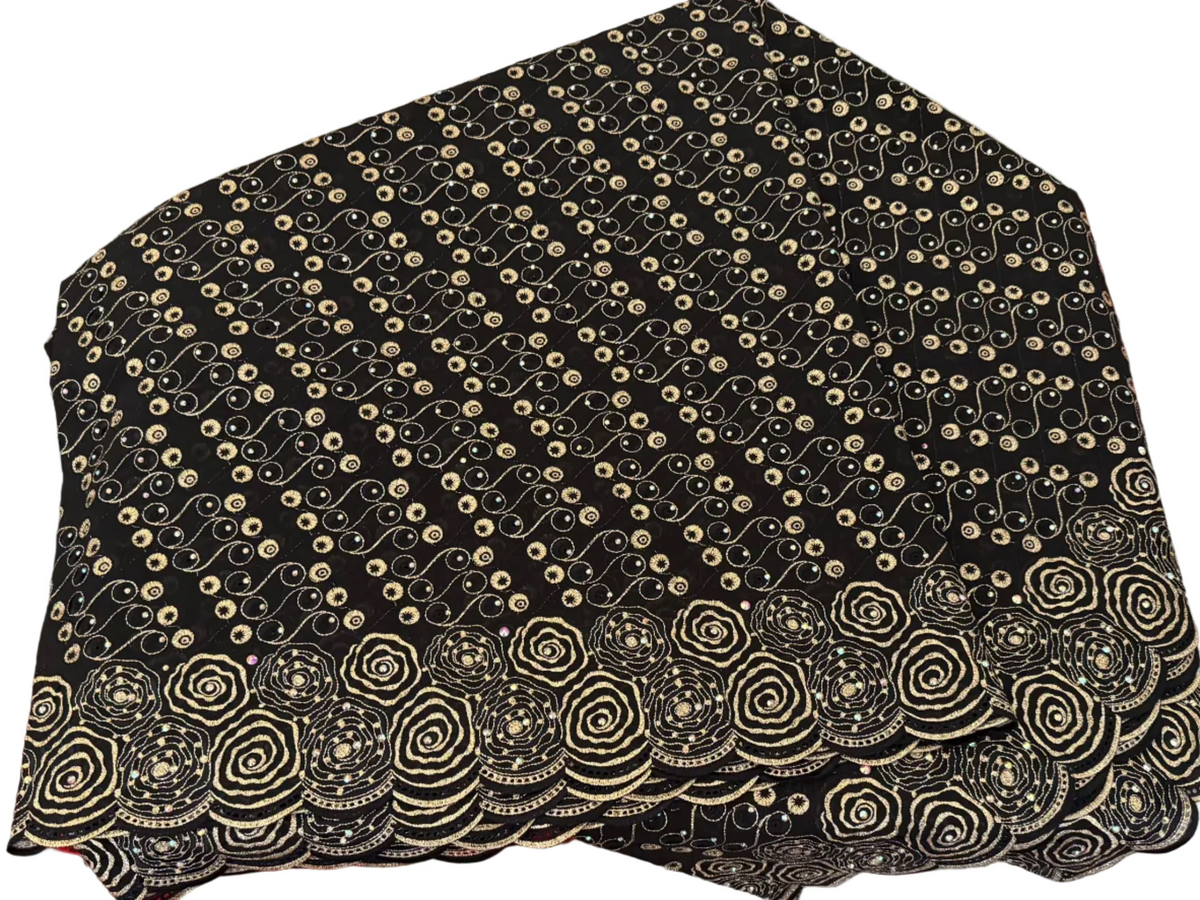 Luxury Swiss Lace Fabric – Noir & Antique Gold Spiral Embroidered Lace with Scalloped Border (5 yards)