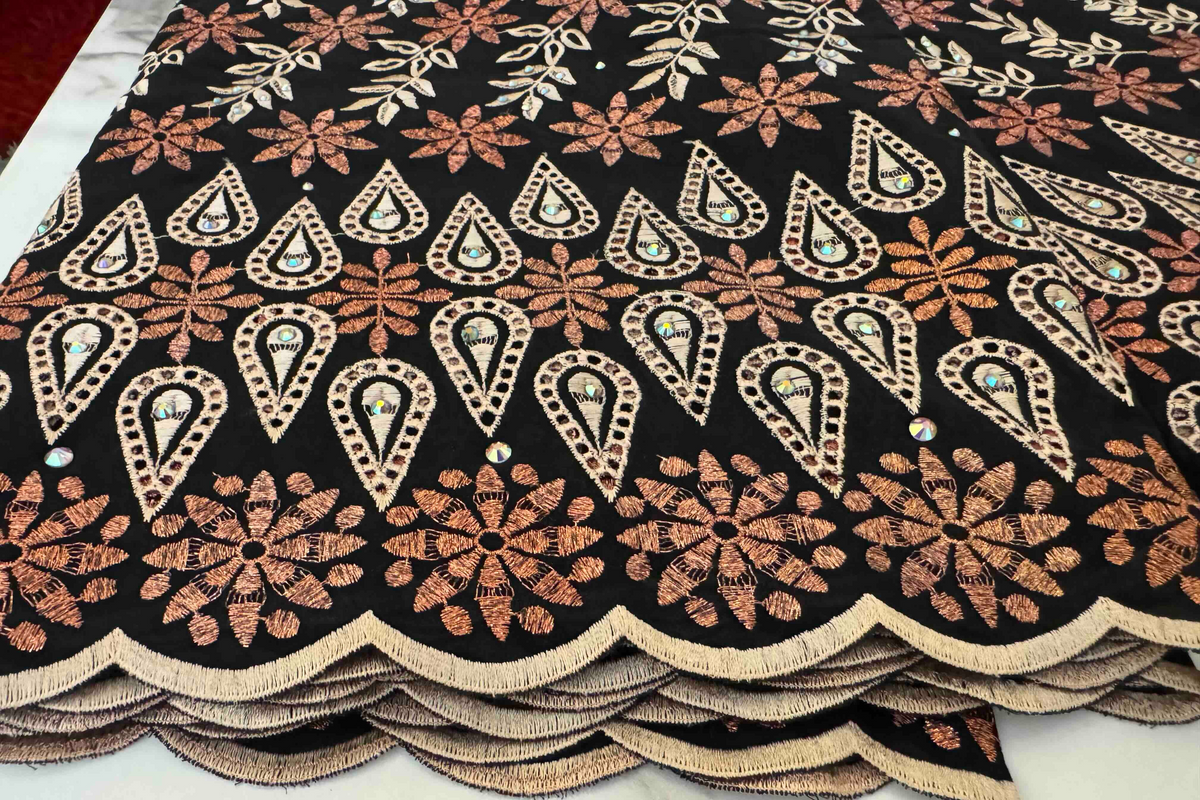 Luxury Swiss Lace Fabric – Noir, Copper & Champagne Embroidered Lace (5 yards)