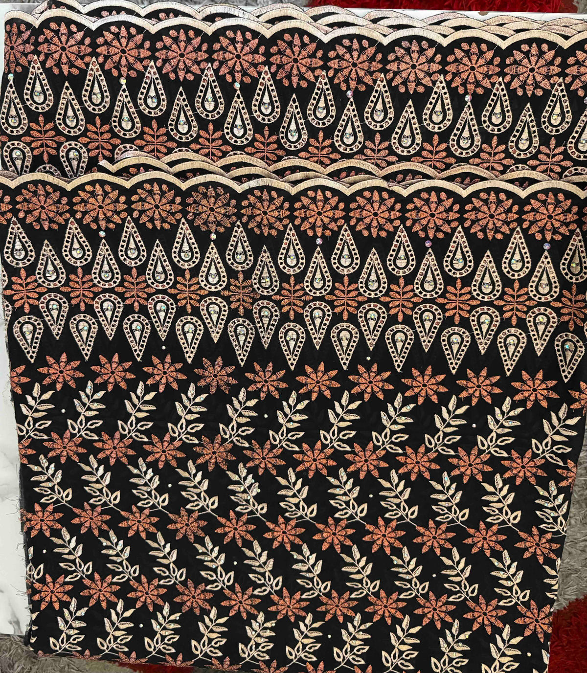 Luxury Swiss Lace Fabric – Noir, Copper & Champagne Embroidered Lace (5 yards)