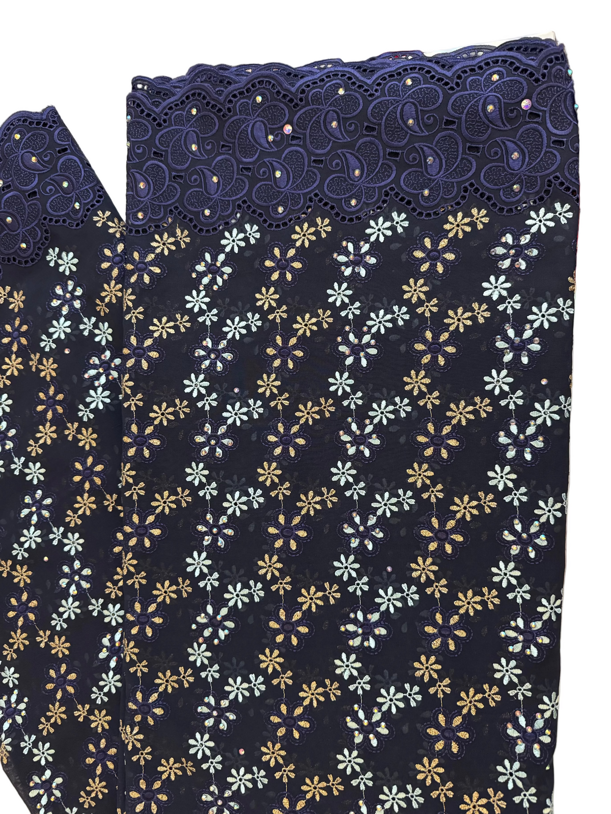 Luxury Swiss Lace Fabric – Midnight Navy, Ice Blue & Gold Floral Embroidered Lace with Couture Border (5 yards)