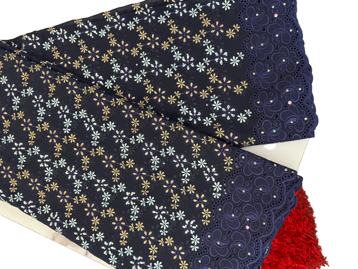 Luxury Swiss Lace Fabric – Midnight Navy, Ice Blue & Gold Floral Embroidered Lace with Couture Border (5 yards)