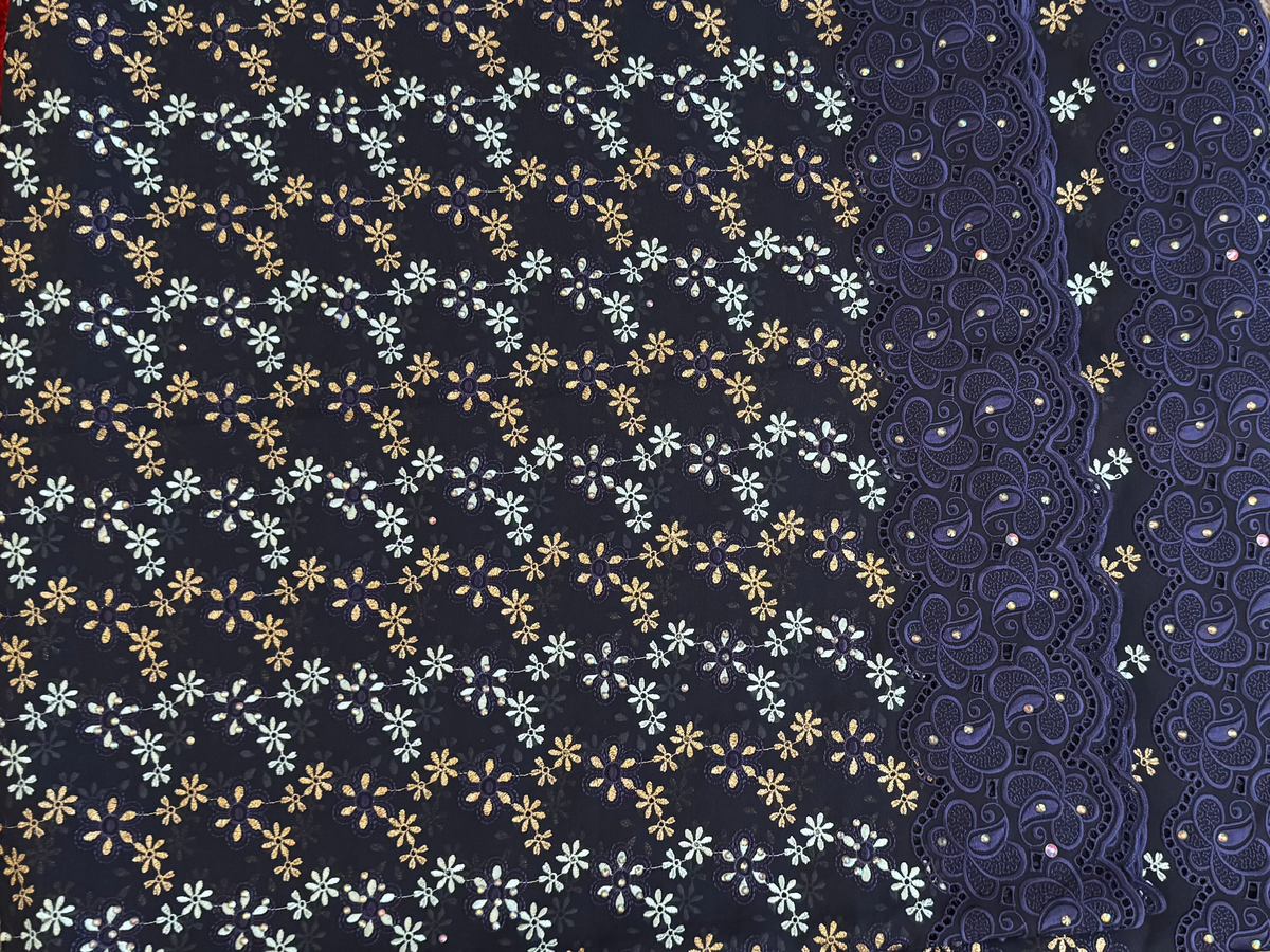 Luxury Swiss Lace Fabric – Midnight Navy, Ice Blue & Gold Floral Embroidered Lace with Couture Border (5 yards)