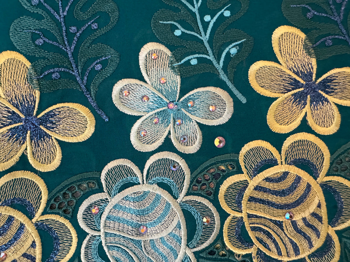 Embroidered flowers with rhinestones on a dark green background