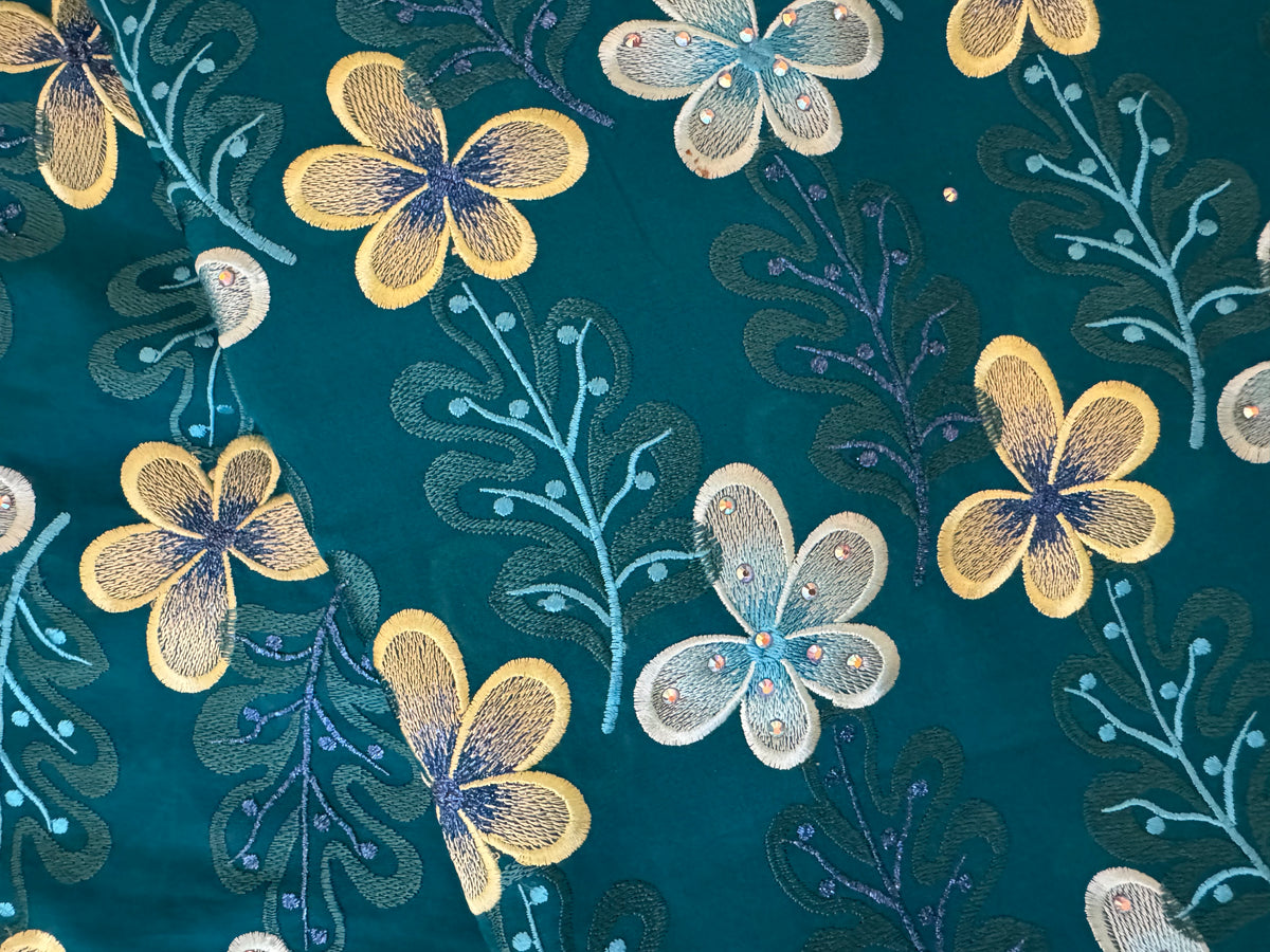 Pattern of yellow and white flowers on a blue background