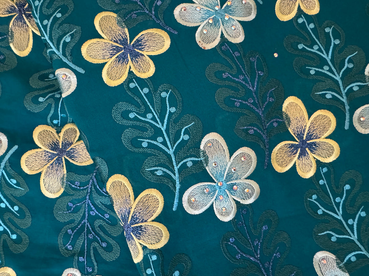 Pattern of yellow flowers and blue leaves on a teal background