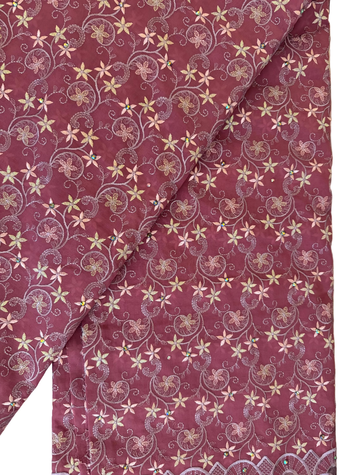 Luxury Swiss Lace Fabric – Rosewood, Blush & Champagne Floral Embroidered Lace (5 yards)