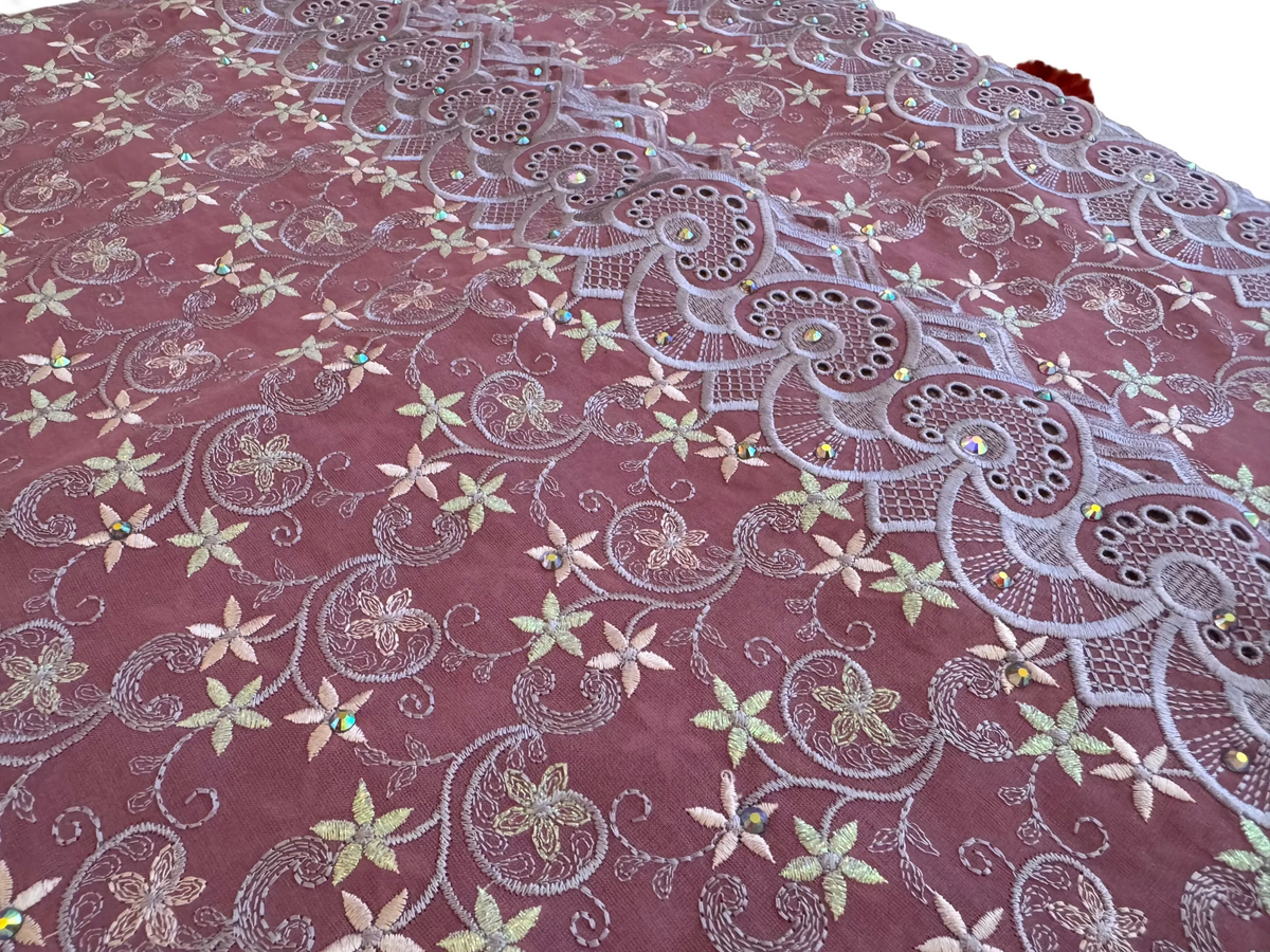 Luxury Swiss Lace Fabric – Rosewood, Blush & Champagne Floral Embroidered Lace (5 yards)