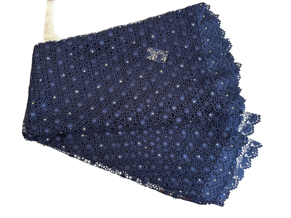 Lace Fabric – Midnight Navy Floral Guipure Lace with Scalloped Edge (5 yards)