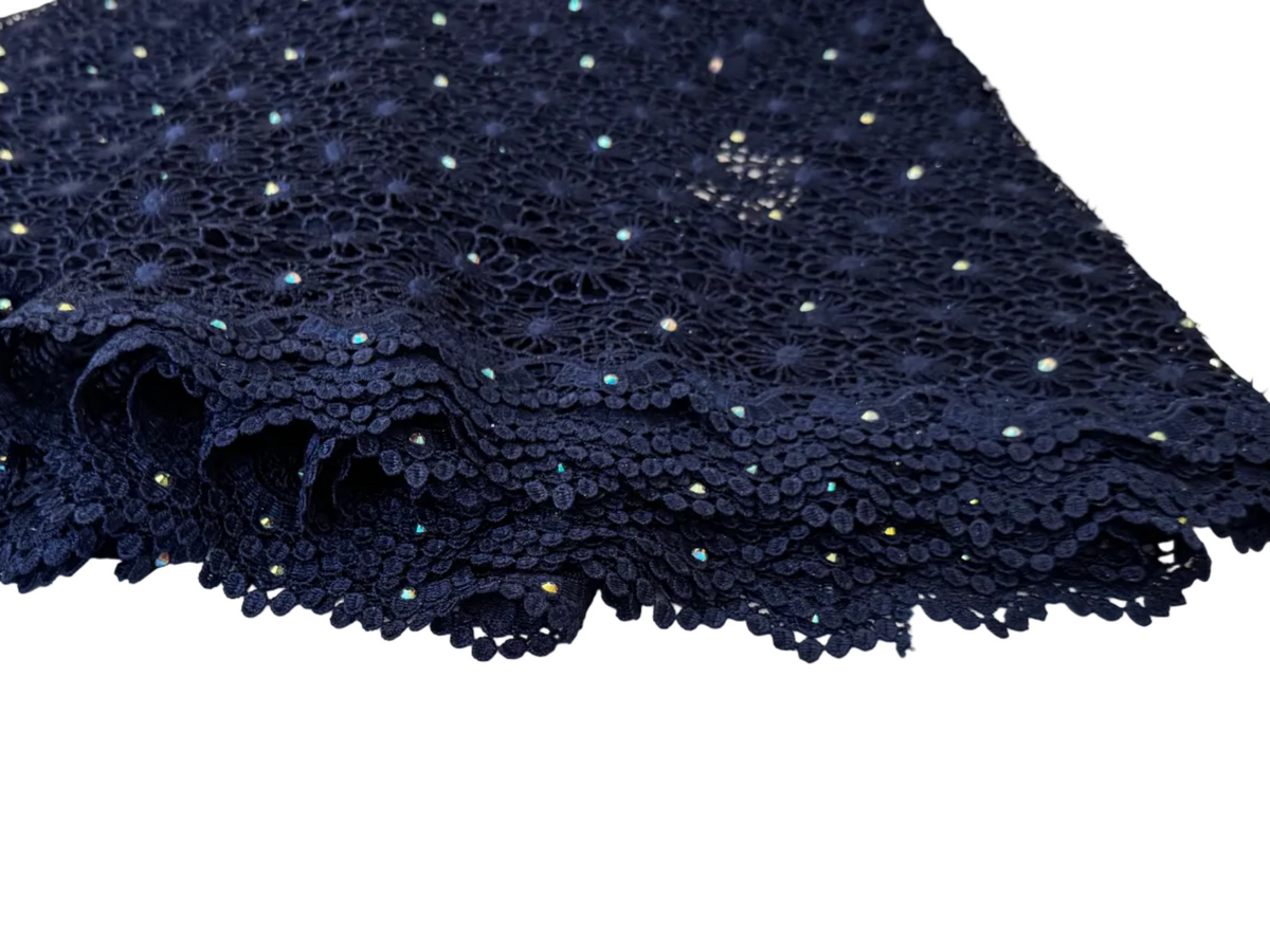 Lace Fabric – Midnight Navy Floral Guipure Lace with Scalloped Edge (5 yards)