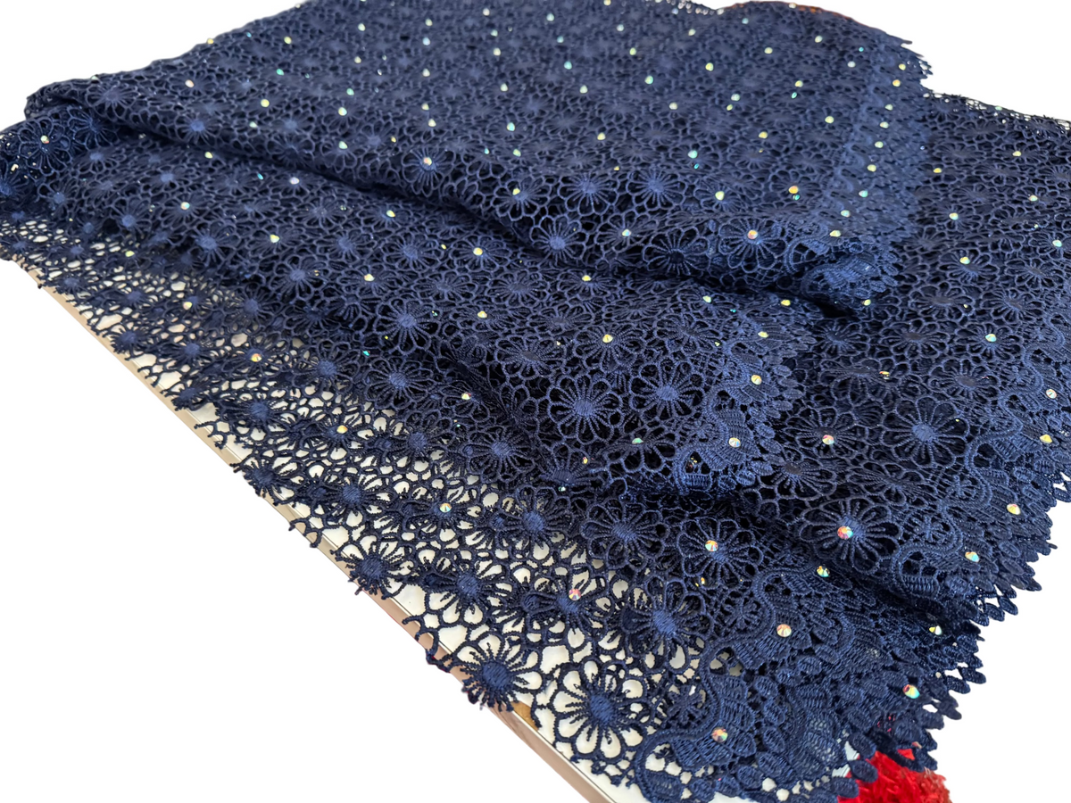 Lace Fabric – Midnight Navy Floral Guipure Lace with Scalloped Edge (5 yards)
