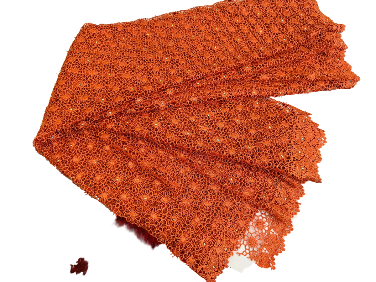 Lace Fabric – Burnt Orange Floral Guipure Lace with Scalloped Edge (5 yards)