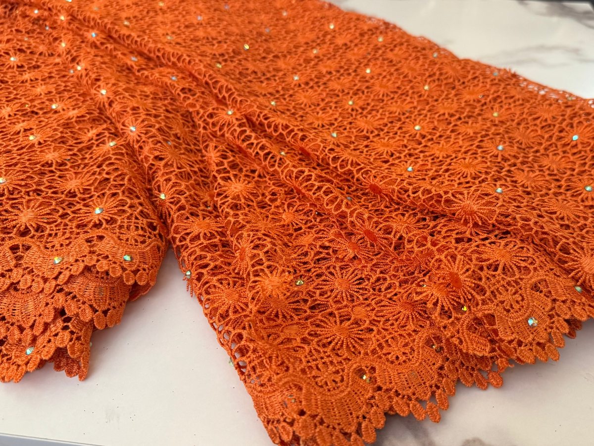 Lace Fabric – Burnt Orange Floral Guipure Lace with Scalloped Edge (5 yards)