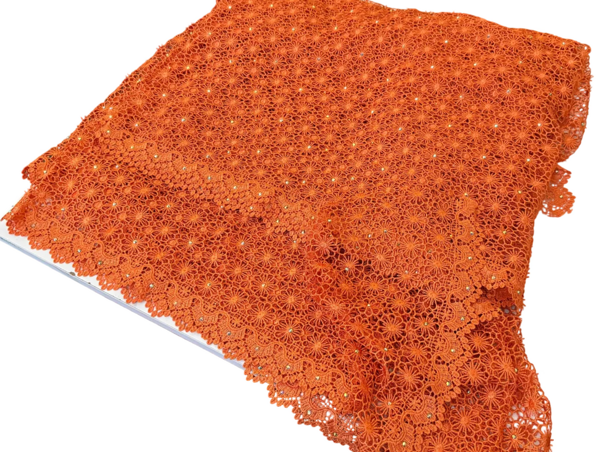 Lace Fabric – Burnt Orange Floral Guipure Lace with Scalloped Edge (5 yards)