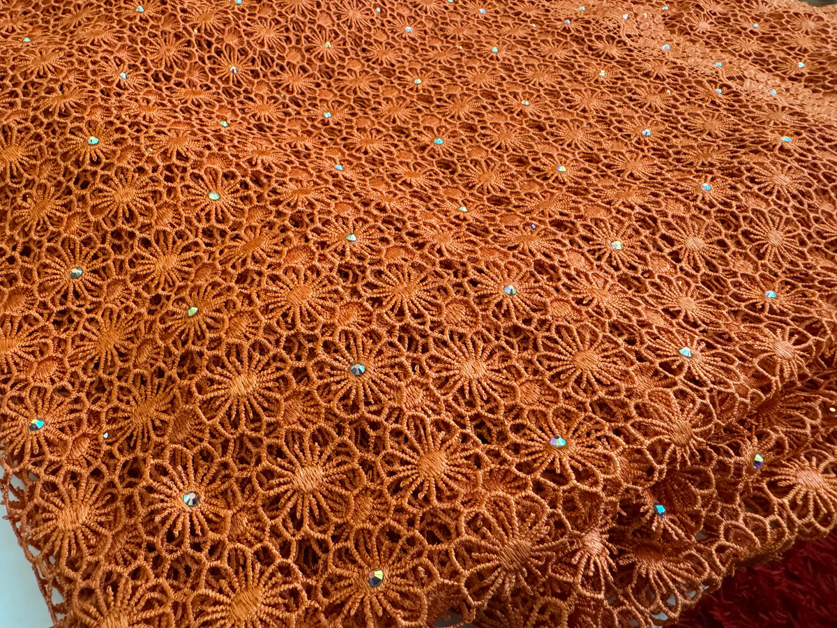 Lace Fabric – Burnt Orange Floral Guipure Lace with Scalloped Edge (5 yards)