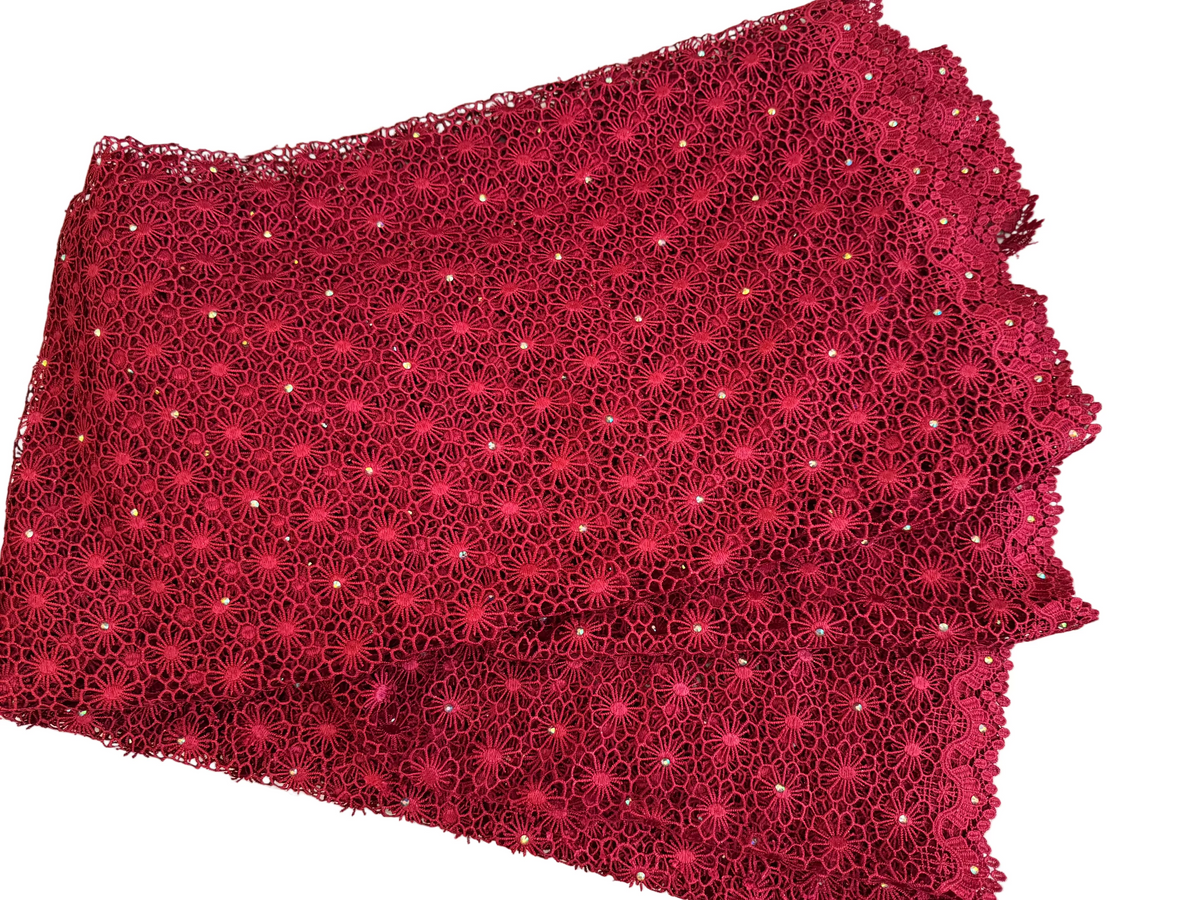 Lace Fabric – Crimson Red Floral Guipure Lace with Scalloped Edge (5 yards)