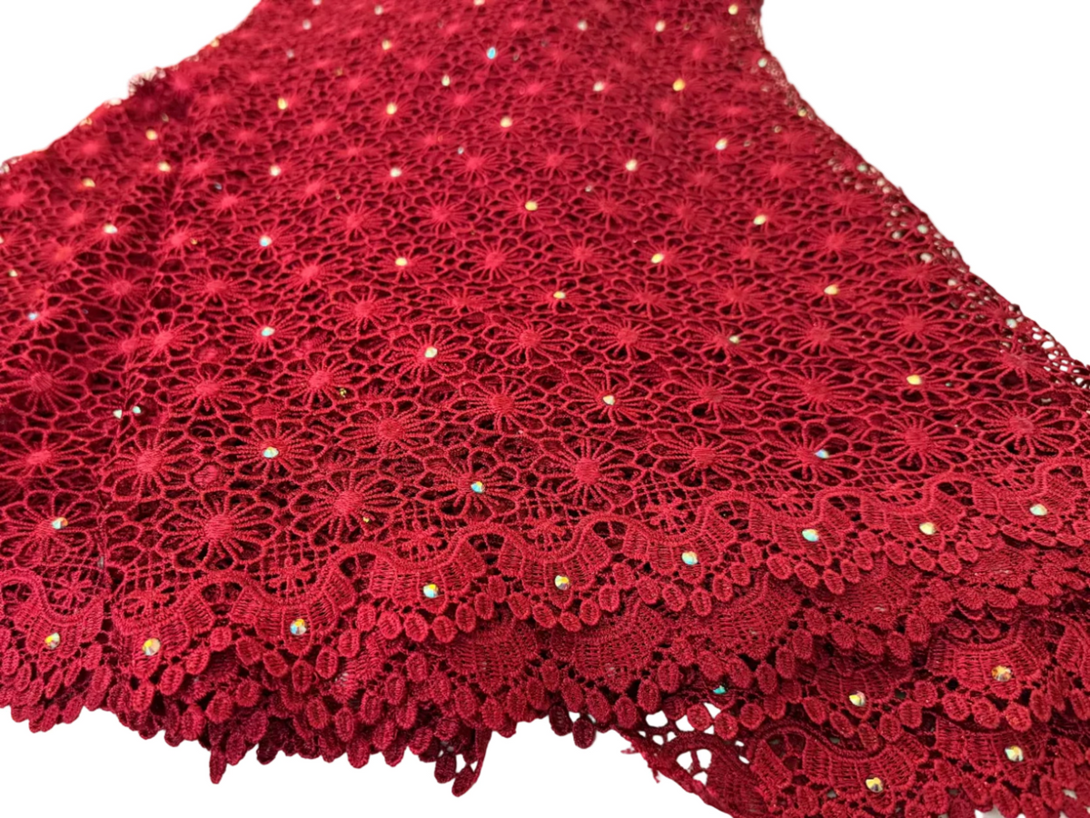 Lace Fabric – Crimson Red Floral Guipure Lace with Scalloped Edge (5 yards)