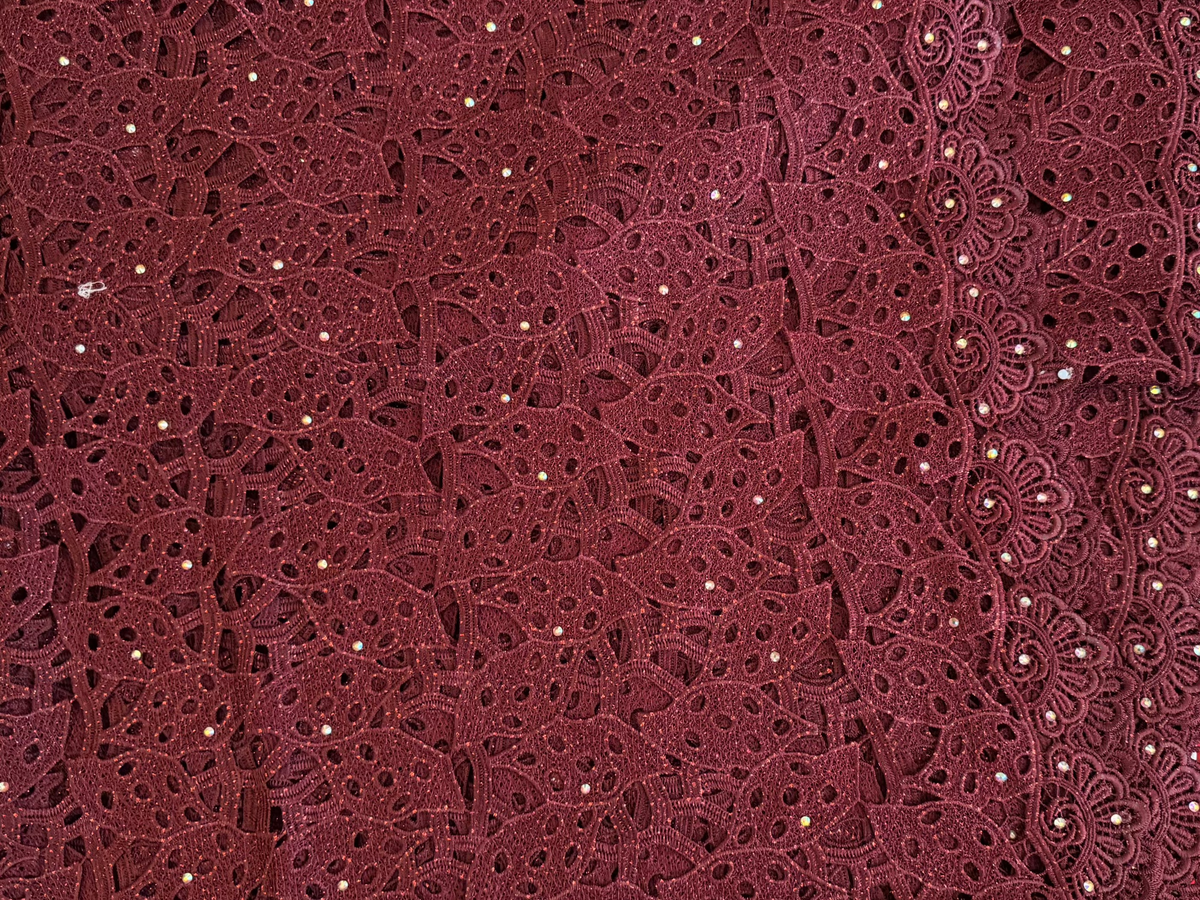 Lace Fabric – Wine Burgundy Cutwork Guipure Lace with Scalloped Edge (5 yards)