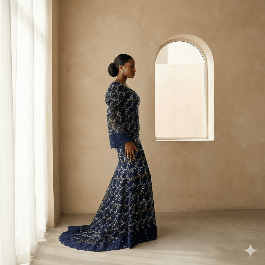 Luxury Swiss Lace Fabric – Midnight Navy, Ice Blue & Gold Floral Embroidered Lace with Couture Border (5 yards)