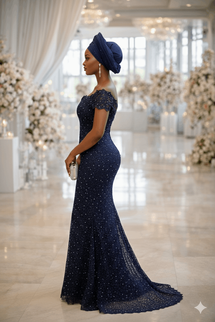 Woman in a dark blue evening gown and headwrap standing in an elegant indoor setting with floral decorations.
