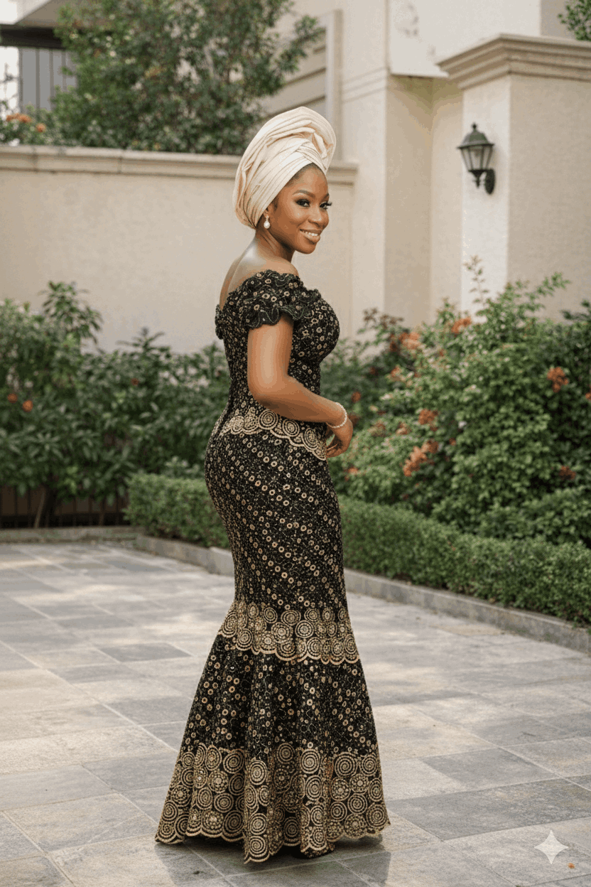 Luxury Swiss Lace Fabric – Noir & Antique Gold Spiral Embroidered Lace with Scalloped Border (5 yards)