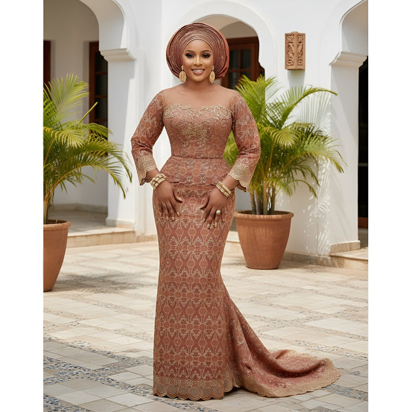 Luxury Swiss Lace Fabric – Antique Copper & Gold Embroidered Elegance (5 yards)