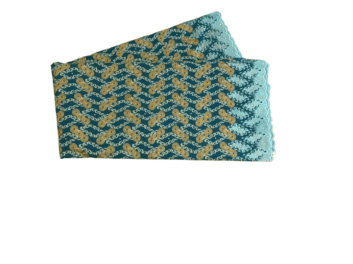 Luxury Swiss Lace Fabric – Emerald Teal & Antique Gold Chain Embroidery (5 yards)