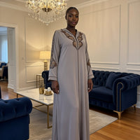 Luxury Embroidered Abaya – Taupe & Bronze Hooded Abaya with Ornate Neckline