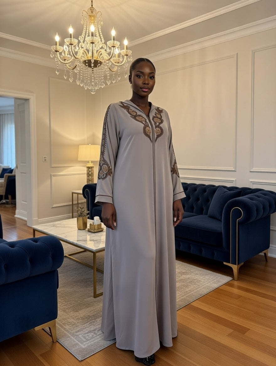Luxury Embroidered Abaya – Taupe & Bronze Hooded Abaya with Ornate Neckline