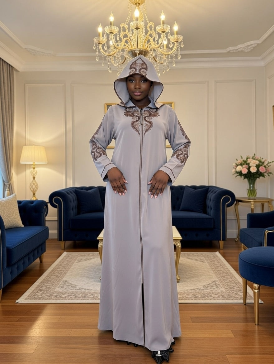 Luxury Embroidered Abaya – Taupe & Bronze Hooded Abaya with Ornate Neckline