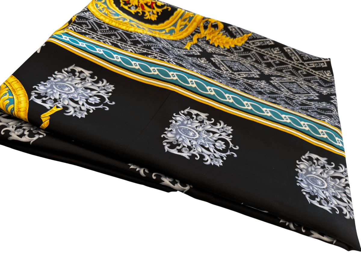 Silk Fabric – Noir, Teal & Gold Heritage Scarf Print Silk (5 yards)