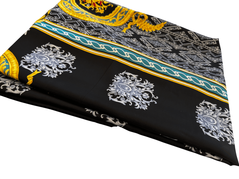 Silk Fabric – Noir, Teal & Gold Heritage Scarf Print Silk (5 yards)