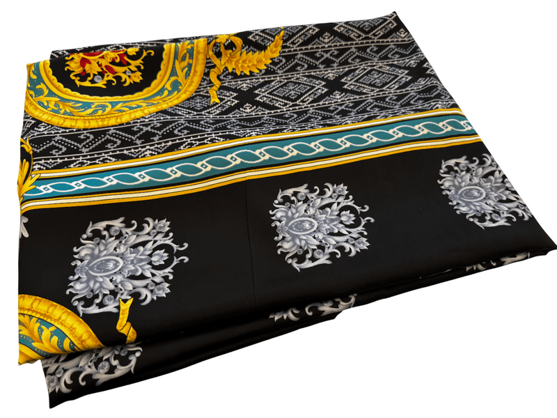 Silk Fabric – Noir, Teal & Gold Heritage Scarf Print Silk (5 yards)