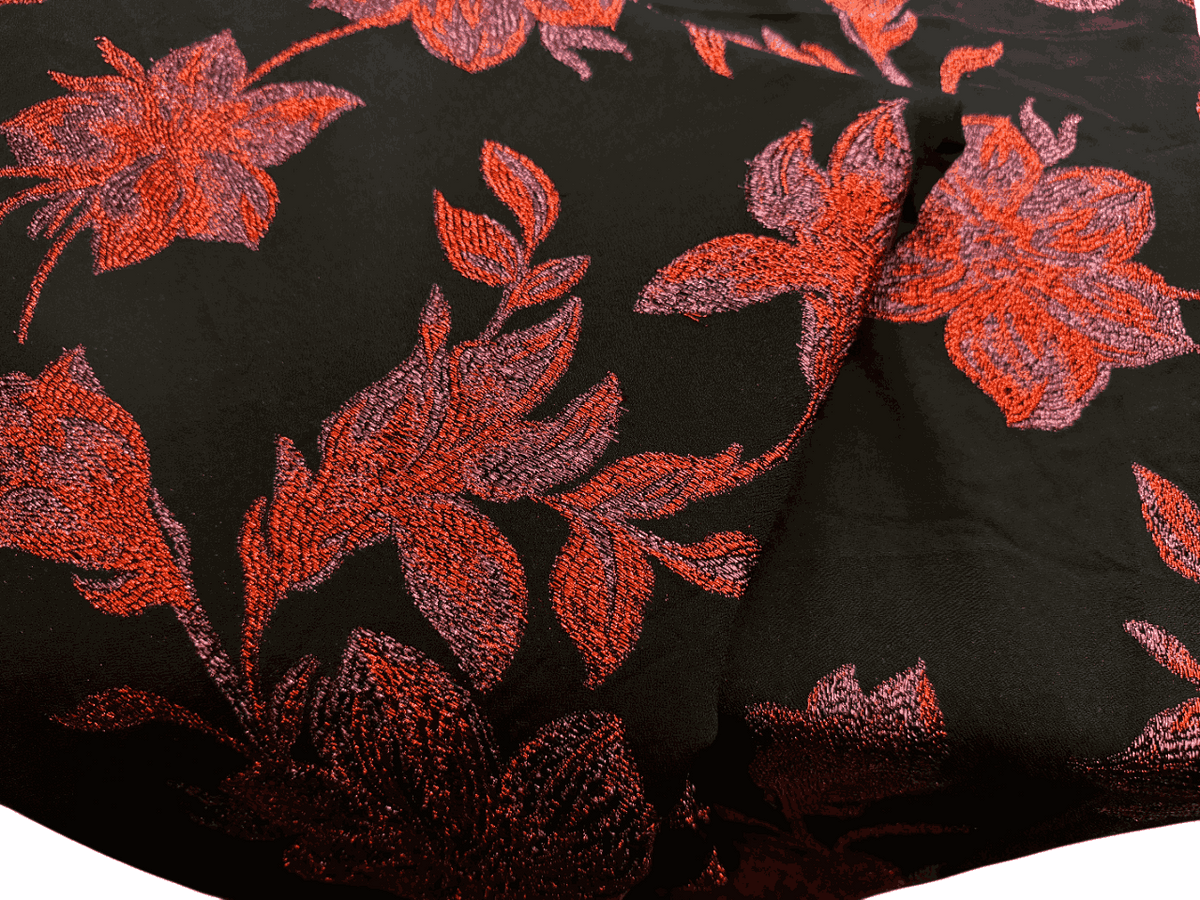 Silk Fabric – Noir & Crimson Floral Brocade Silk (5 yards)