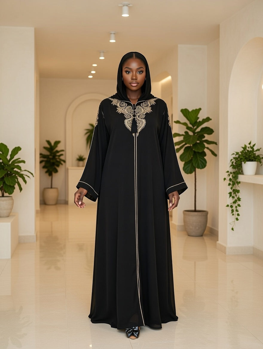 Woman wearing a black abaya with white embroidery in a well-lit room with plants.