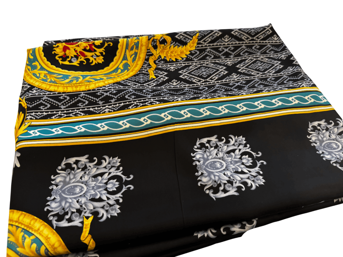 Silk Fabric – Noir, Teal & Gold Heritage Scarf Print Silk (5 yards)