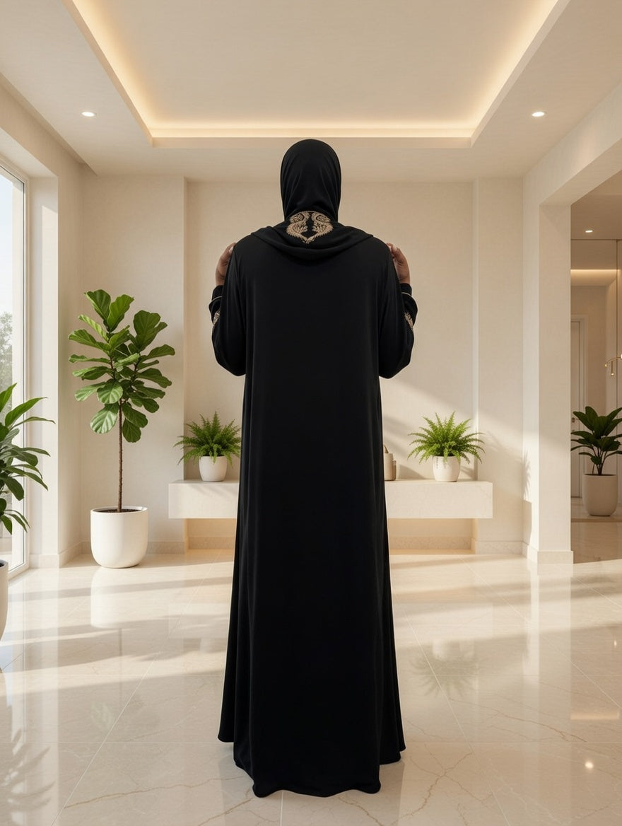 Luxury Embroidered Abaya – Noir & Antique Gold Hooded Abaya with Ornate Neckline