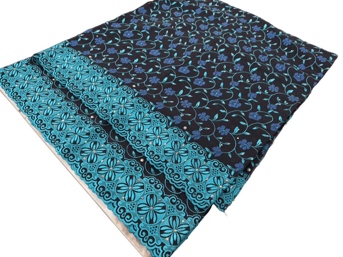 Luxury Swiss Lace Fabric – Midnight Black & Teal Floral Embroidered Lace (5 yards)