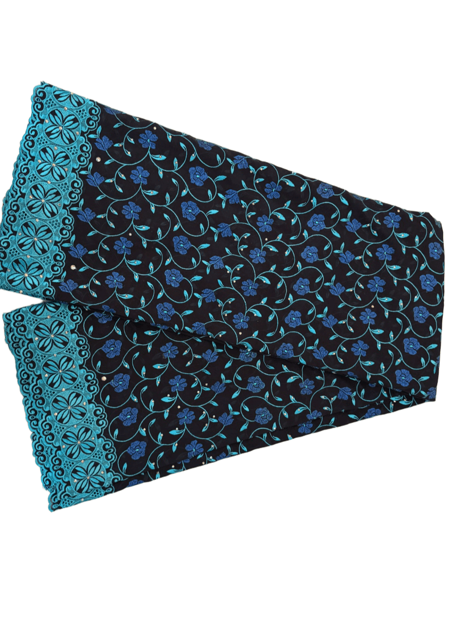 Luxury Swiss Lace Fabric – Midnight Black & Teal Floral Embroidered Lace (5 yards)