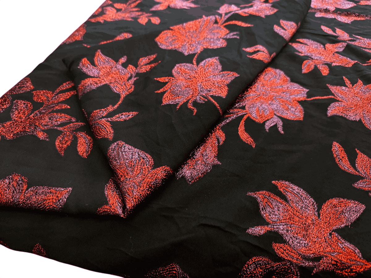 Silk Fabric – Noir & Crimson Floral Brocade Silk (5 yards)