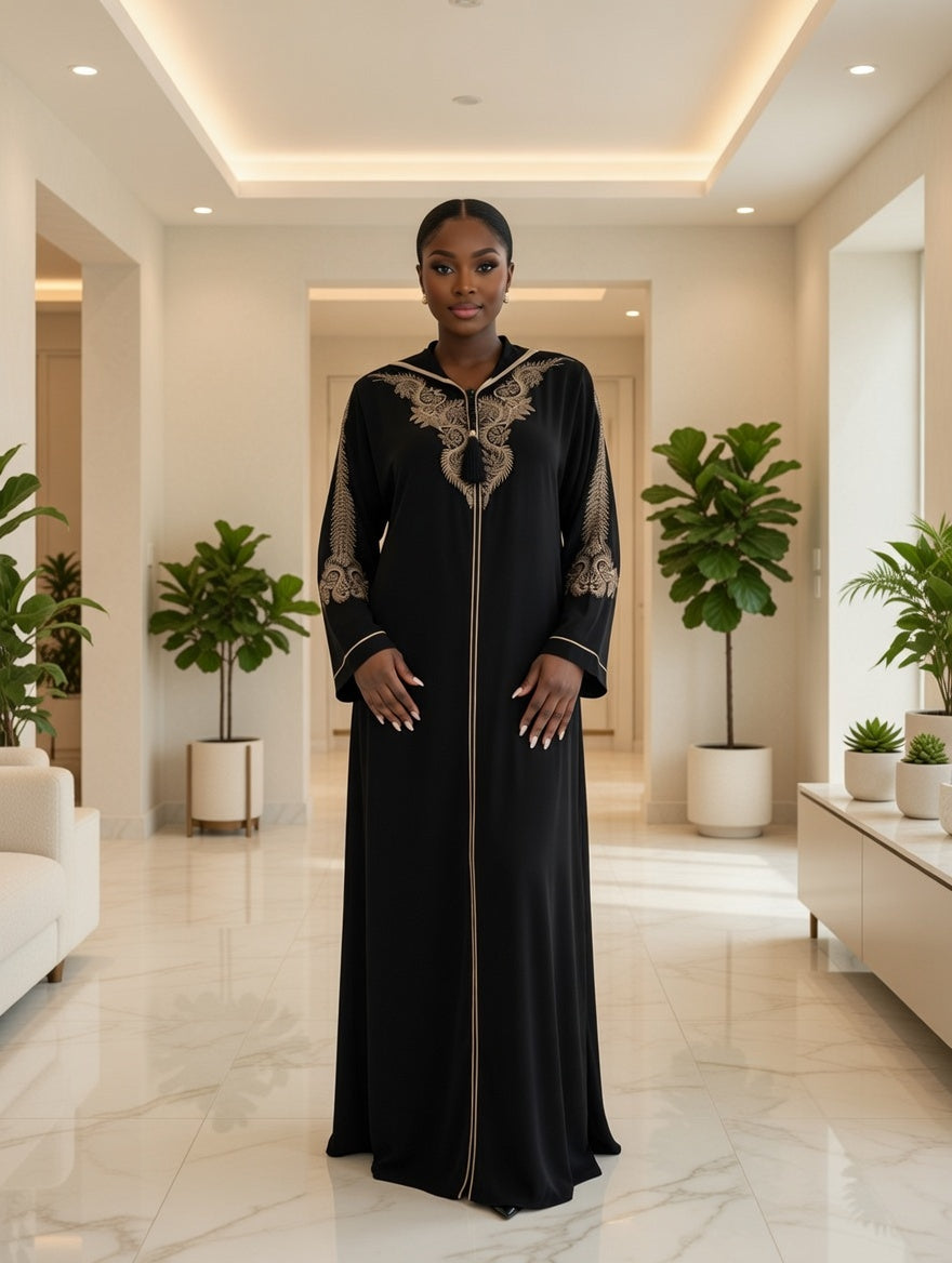 Luxury Embroidered Abaya – Noir & Antique Gold Hooded Abaya with Ornate Neckline