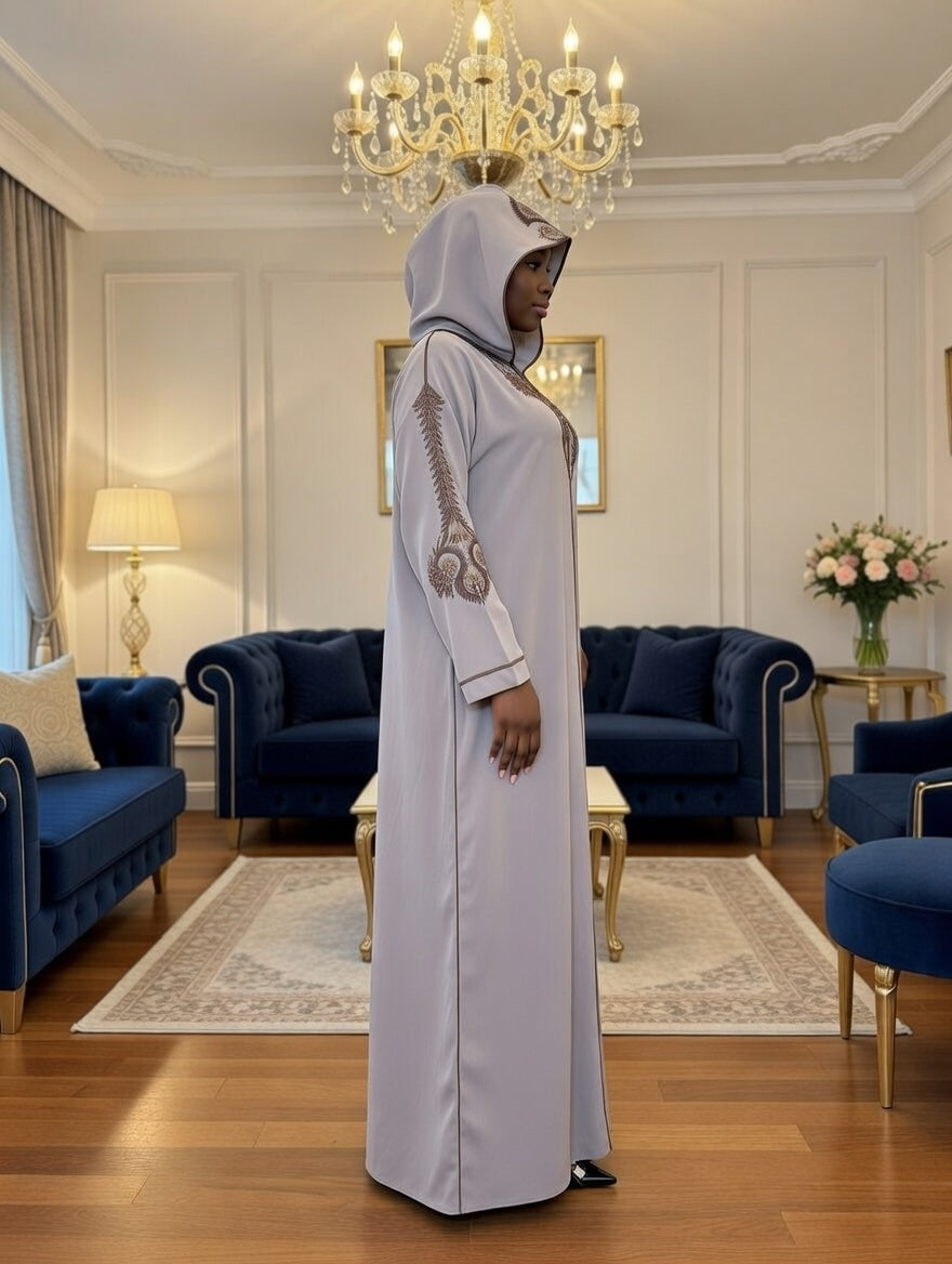 Luxury Embroidered Abaya – Taupe & Bronze Hooded Abaya with Ornate Neckline