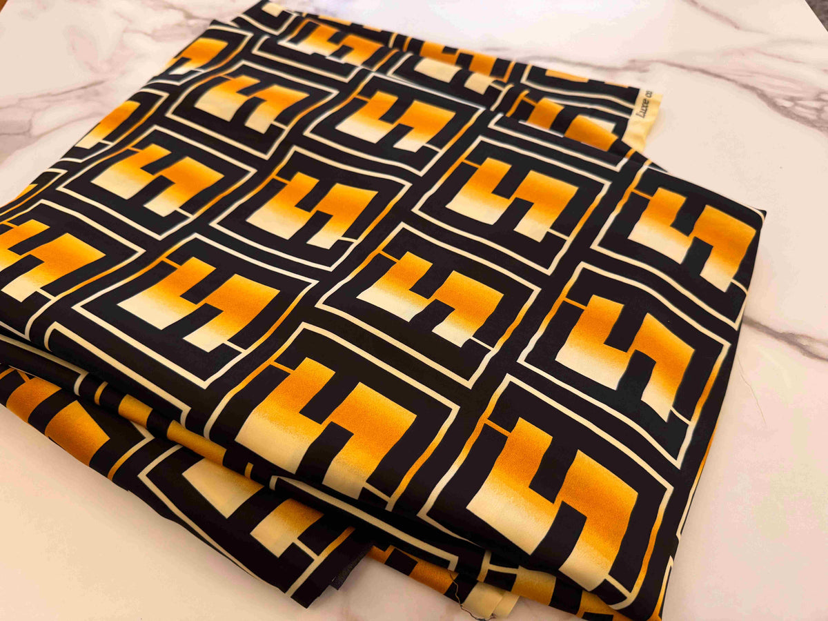 Silk Fabric – Noir, Amber & Ivory Geometric Print Silk (5 yards)