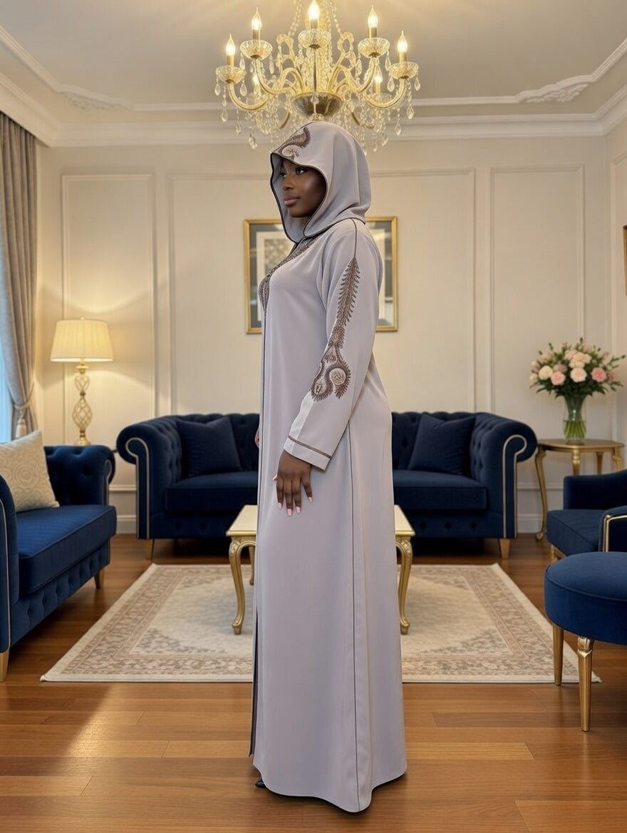Luxury Embroidered Abaya – Taupe & Bronze Hooded Abaya with Ornate Neckline